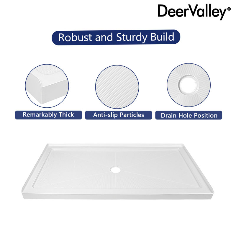 DeerValley 60" Shower Base in White with Single Threshold Shower Pan, Non-slip Design, 3.5" H x 60" W x 36" D