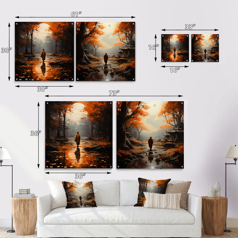 Ensemble de 2 peintures murales en acrylique Dhang Path - Bouddhisme, H 16 po x l 33 po