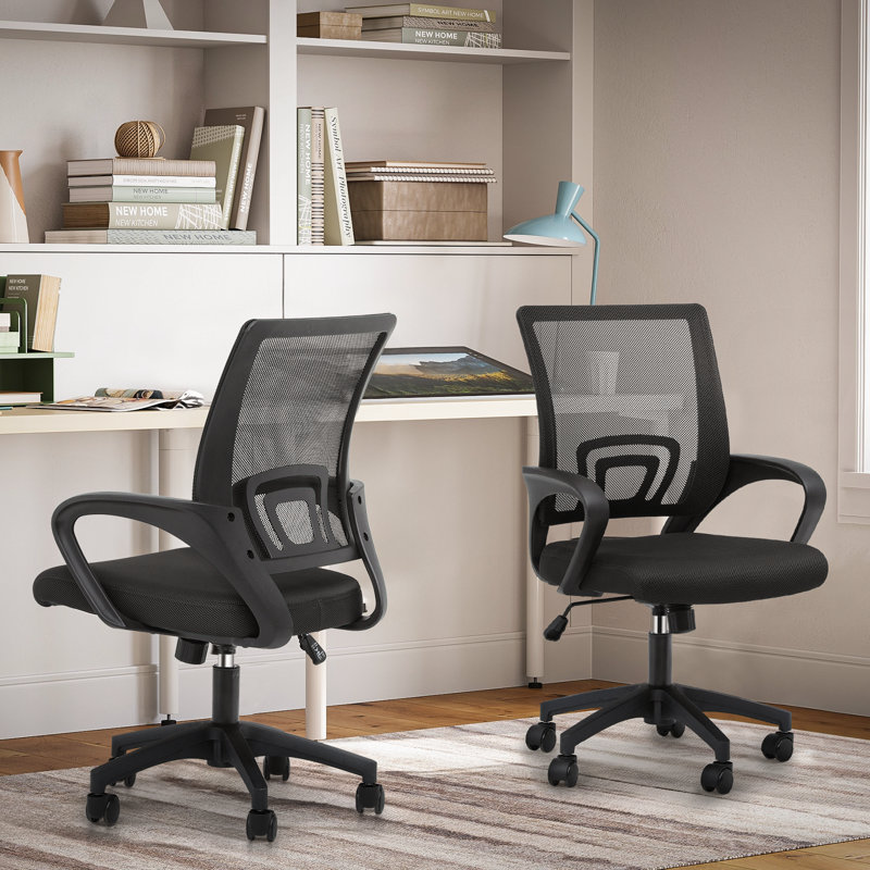 Chaise de bureau ergonomique à dossier moyen en filet avec accoudoirs et support lombaire Pierfranca, Noir