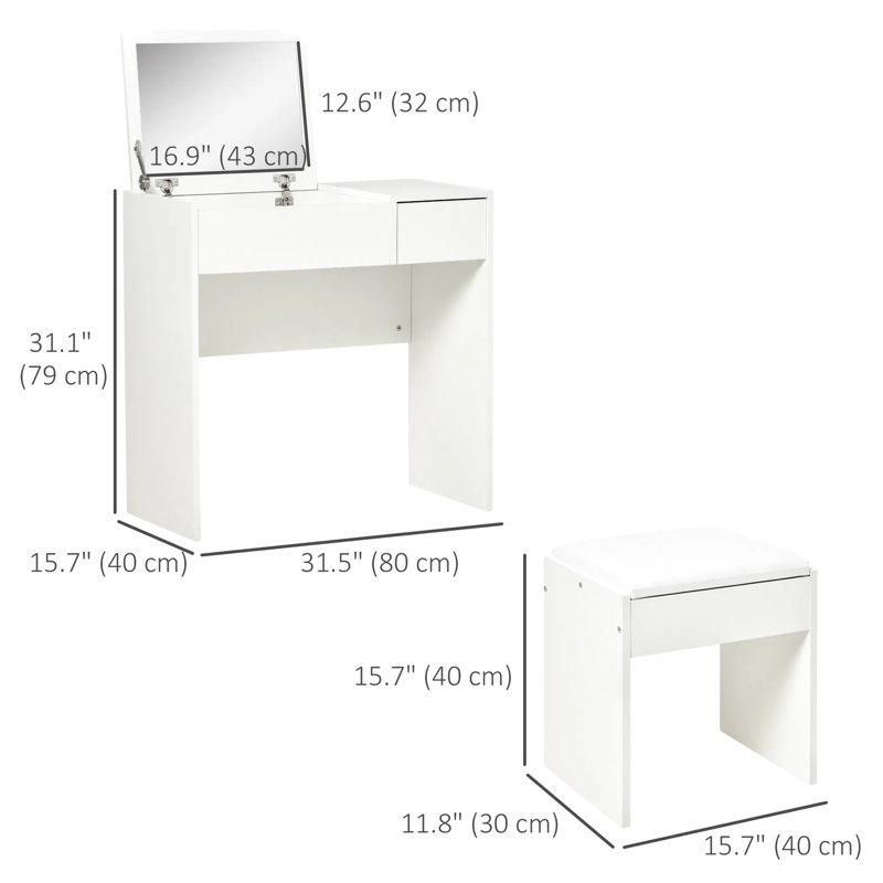 Ensemble de coiffeuse de maquillage 2 en 1 de style moderne avec miroir rabattable et tabouret rembourré, rangement cloisonné, bureau compact pour la chambre à coucher - blanc
