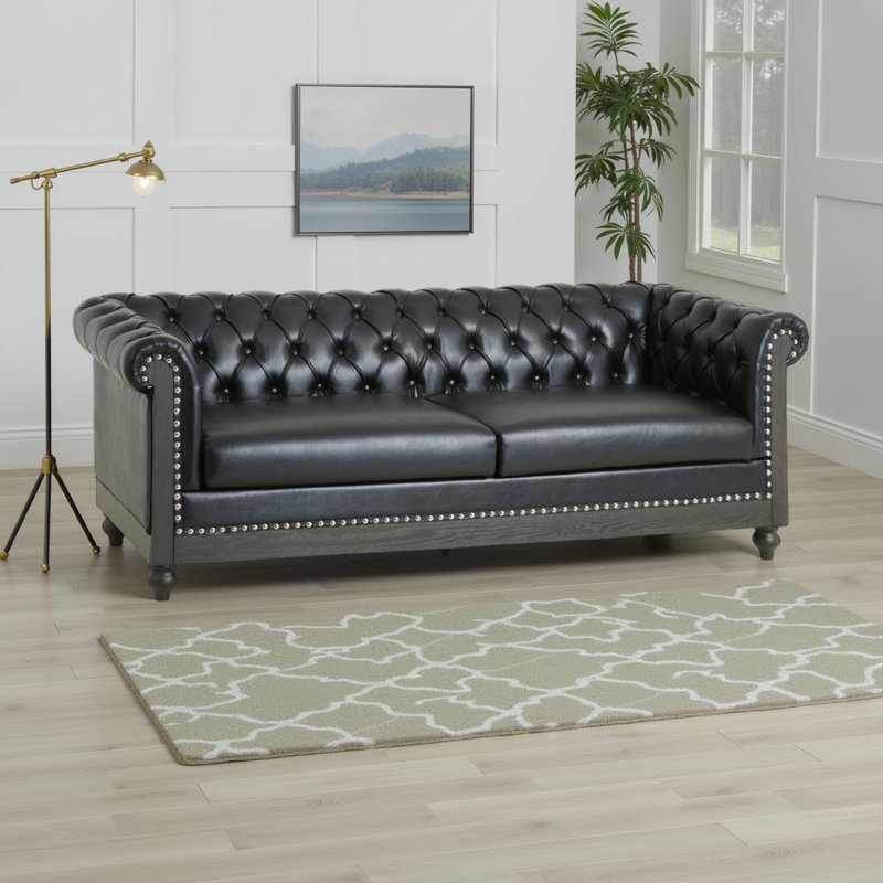 Anduin 78.75'' Rolled Arm Chesterfield Sofa, Upholstered Sofa, Gray, Black Faux Leather