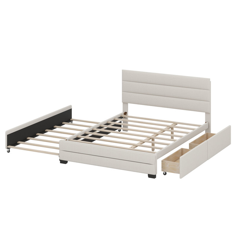 Lit plateforme tapissier avec lit gigogne et deux tiroirs