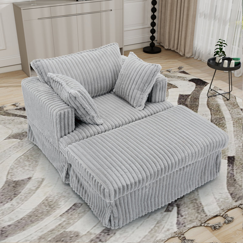 Oversized Corduroy Chaise Longue With Ottoman, Light Gray