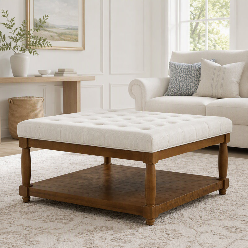 Table basse ottomane carrée en lin capitonné, 45.1 lbs Ivory Linen Blend