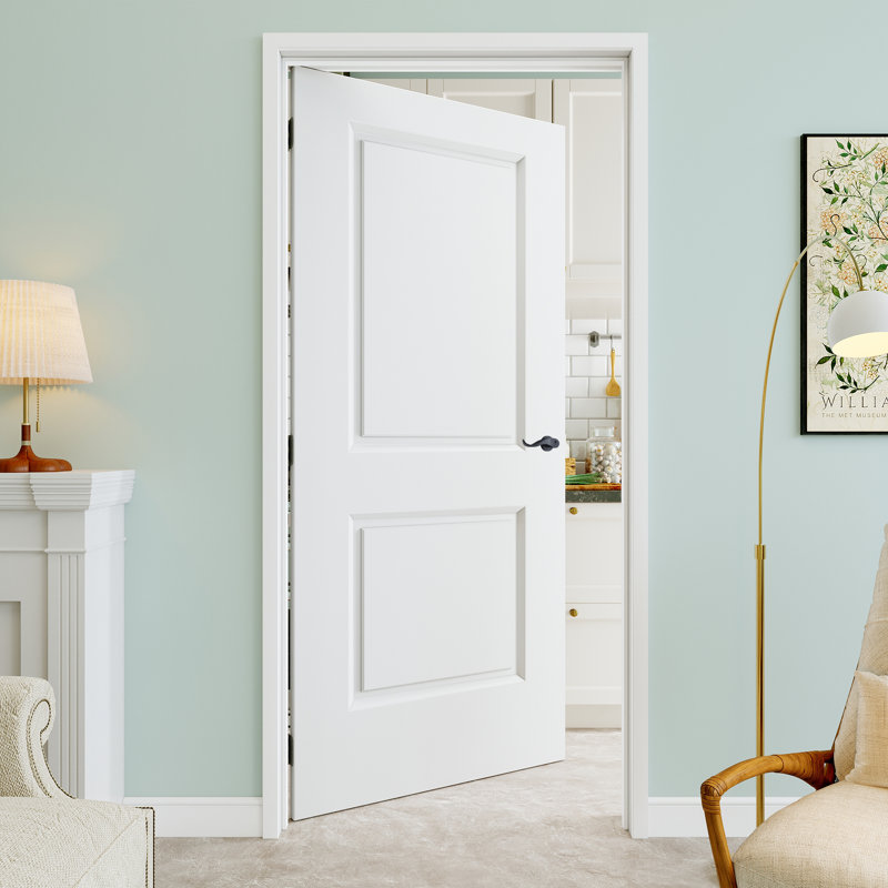 Porte pré-suspendue à 2 panneaux creux 34 po x 80 po avec levier incurvé et charnières noires, finition blanche et peinturable, durable et imperméable, combinaison pour la lessive, portes de placard, portes de pièce, main gauche
