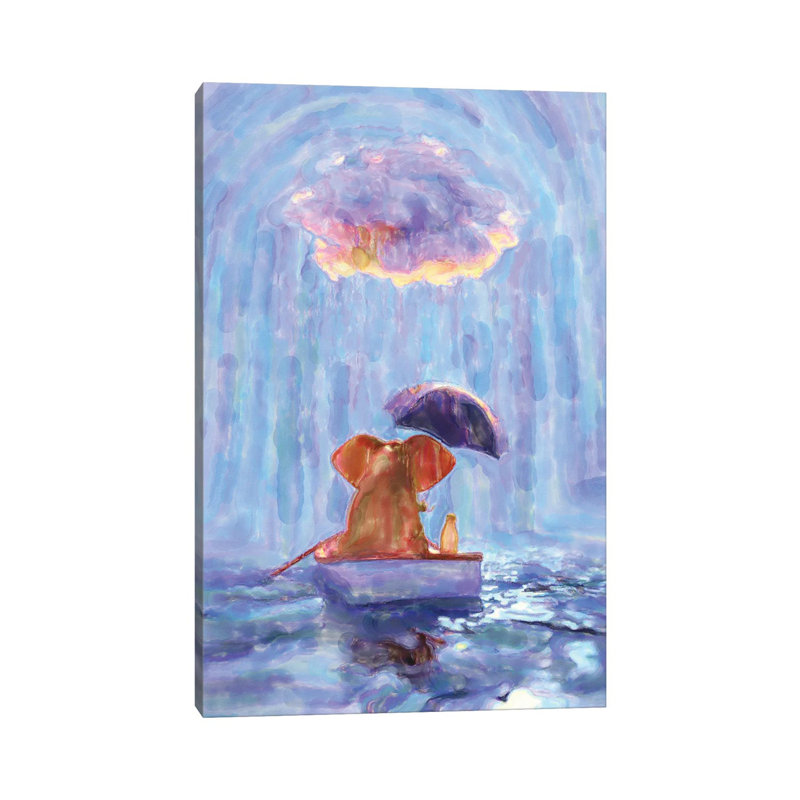 An Elephant And A Dog Float In A Boat In The Rain I by Mike Kiev - Wrapped Canvas Painting
