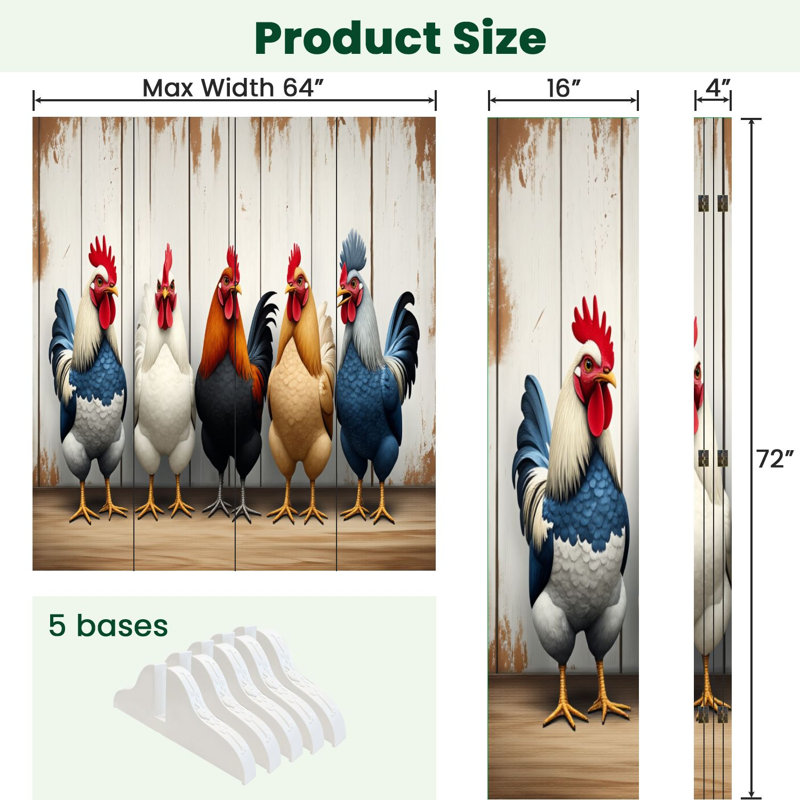 Paravent rustique à 4 panneaux avec paravents Royal coloré coqs contre toile en bois Séparateur de pièce autoportant, 4