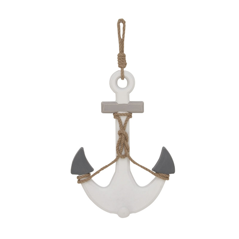 Wooden Anchor White Wall Decor with Hanging Rope