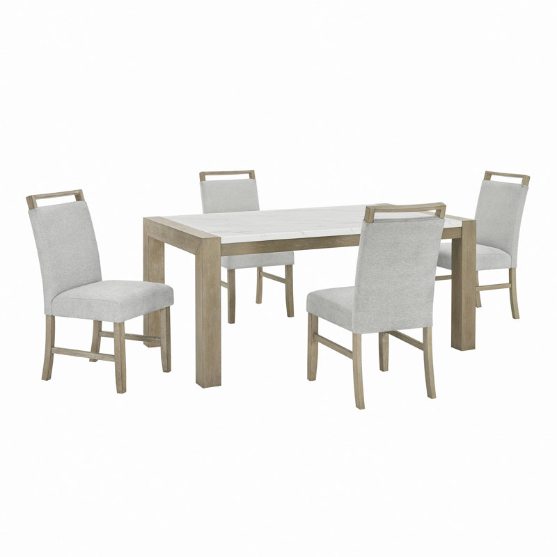 5Pc 66"W Rectangular White Faux Marble Top Dining Set