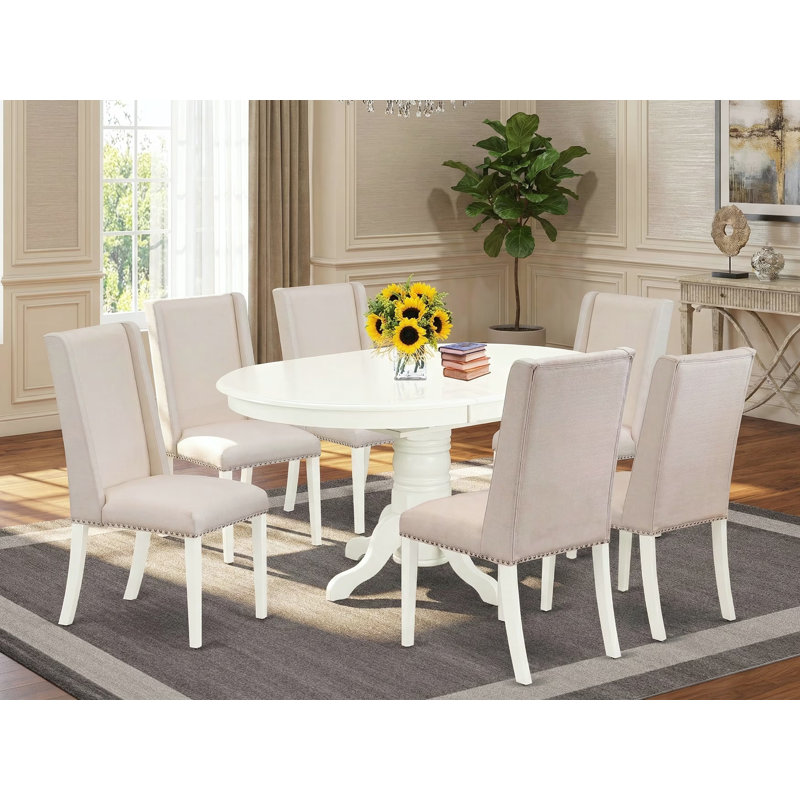 Ensemble de salle à manger 7 pièces composé d'une table de salle à manger ovale avec feuille papillon et 6 chaises Parson rembourrées