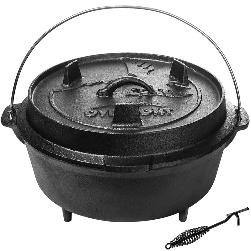 Ensemble de cocotte en fonte pré-assaisonnée avec couvercle et accessoires de poêles Overmont, batterie de cuisine de camping robuste 2 en 1 (6 pintes / 9 pintes)