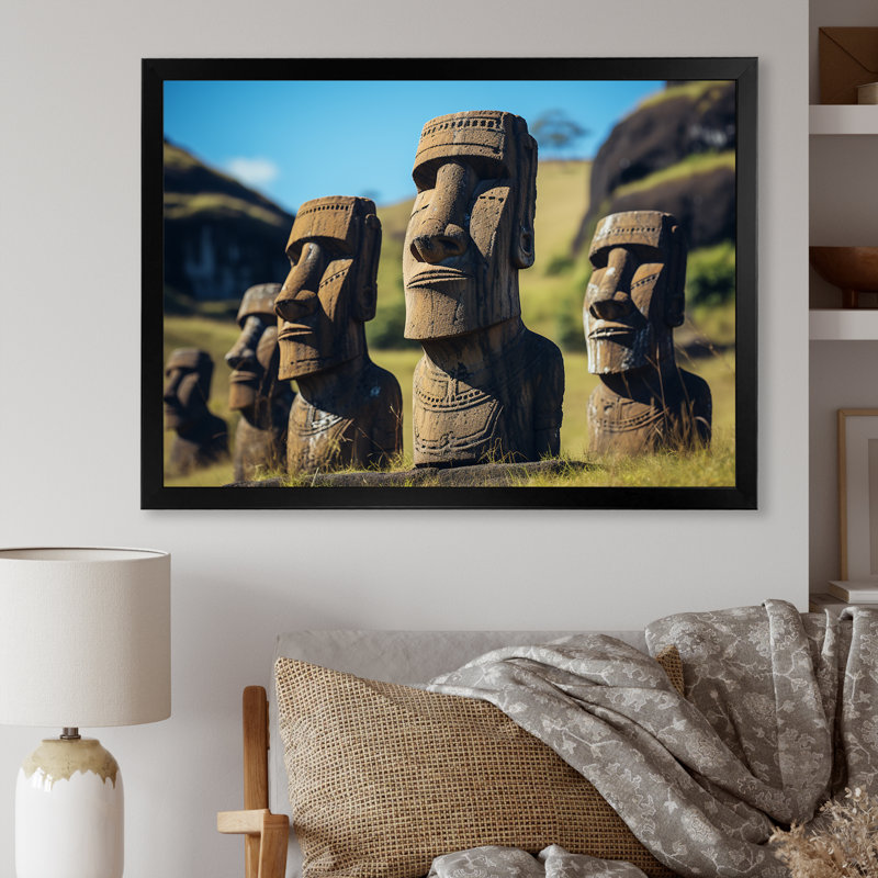 Art moderne brun, Moai Marvel, art asiatique II, Cadre d'angle fermé noir, H 12 po x l 20 po x P 1 po