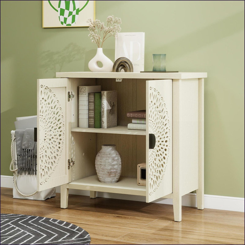 Cabinets: 2-Door Hollow-Carved Accent Cabinet with Adjustable Shelf &amp; Anti-Tipping | Modern | Particle Board+MDF