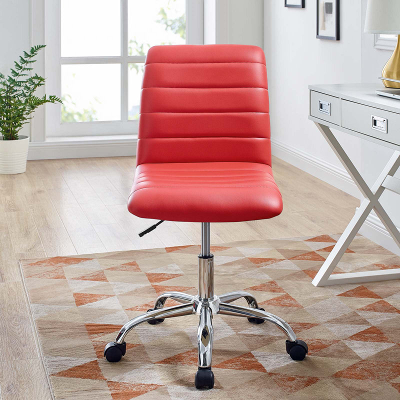 Red Vinyl Armless Swivel Office Chair with Chrome Base