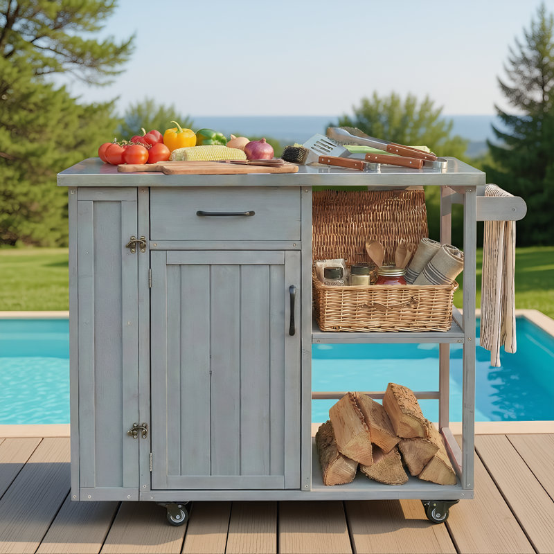 Solid Wood Bar Cart, Foldable Outdoor Kitchen Island, Patio Kitchen Island For Patio And Outdoor, Gray