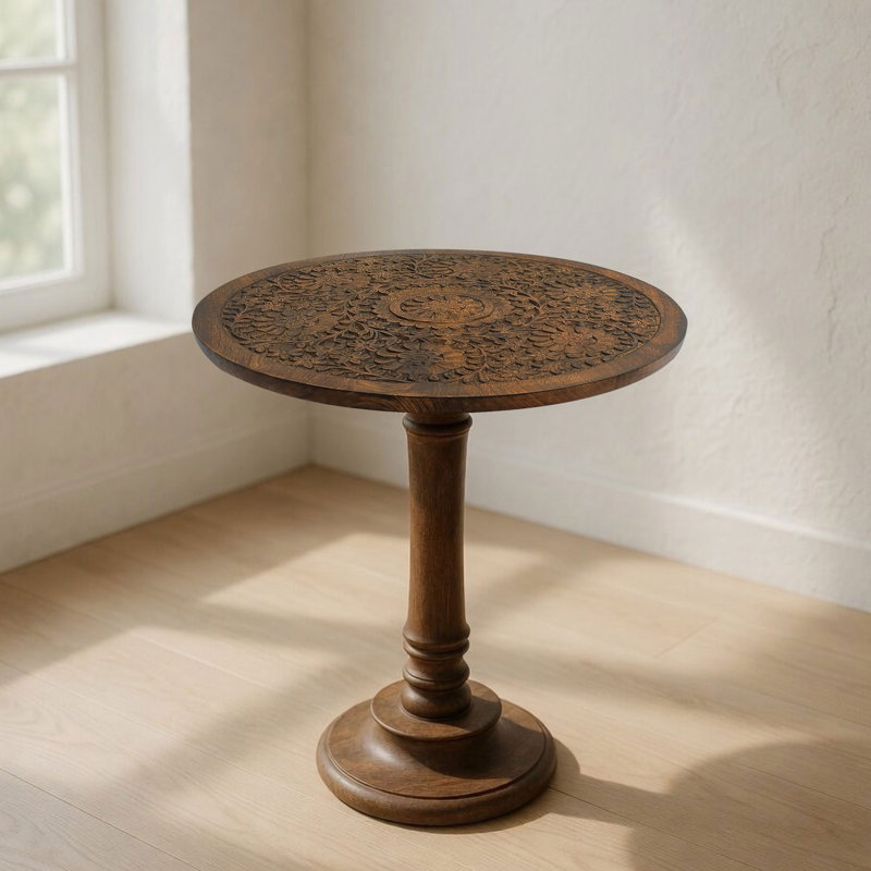 Ari 22 Inch Side End Table, Round Top, Hand Carved Indian Mandala Boho Accent, Brown Mango Wood