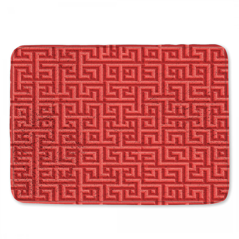 Red Geometric Maze Bath Mat, 34in W x 21in L