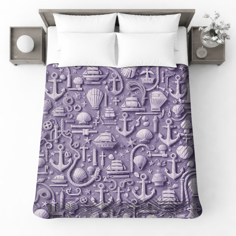 Nautical Elements Anchors Shells Quilted Bedspread All Sizes, Queen