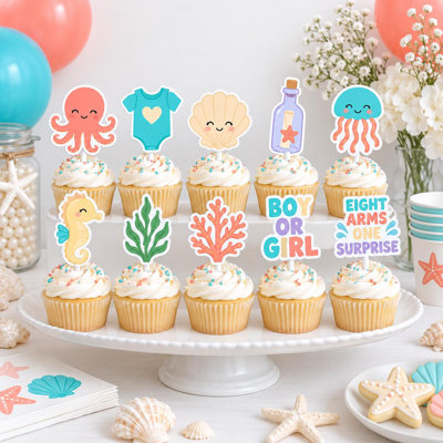 Décorations pour cupcakes « Huit bras, une surprise » pour révélation du sexe du bébé, pics en papier pieuvre, thème océan, lot de 10
