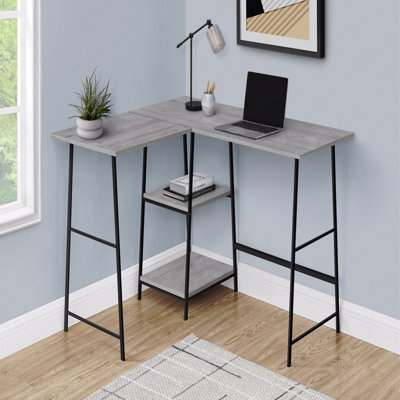 Bureau d'ordinateur, bureau personnel, coin, tablettes de rangement, L 48 po, forme en L, travail, ordinateur portable, stratifié gris, métal noir, contemporain, moderne