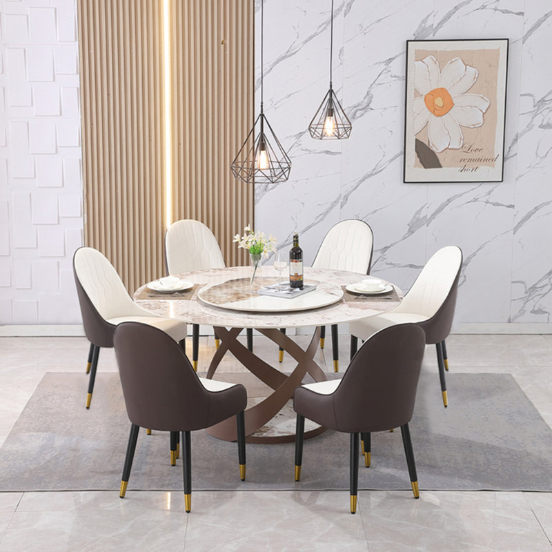Table de salle à manger moderne en pierre frittée de 59,05 po avec plateau tournant rond de 31,5 po et piédestal exquis en métal avec chaises de 6 pièces.