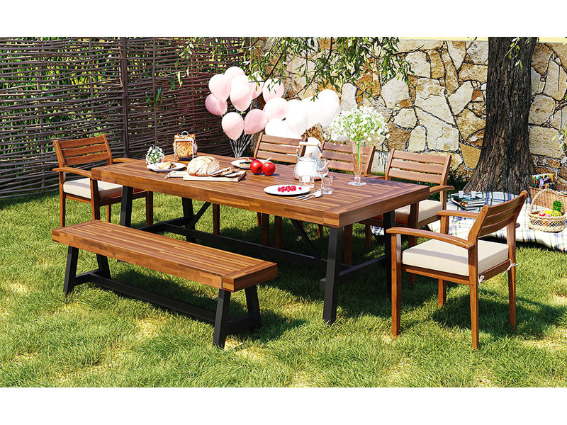Outdoor Wood Dining Set For 7-8 Person, Outdoor Dining Furniture With Removable Cushions, Ergonomic Chairs And Bench, Thicker Table, Nature
