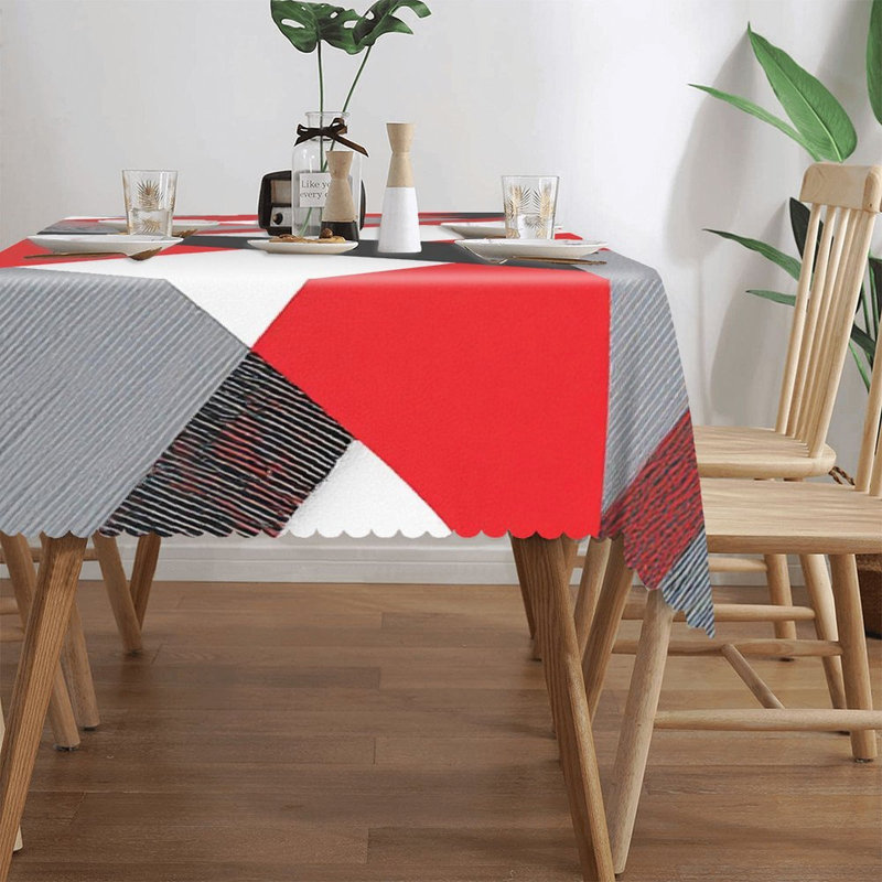 Red Black White Geometric Patchwork Table Cover with Scalloped Edges 60 x 120 in for Rectangular Table Restaurant Backyard Party