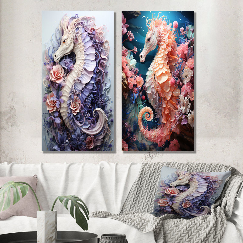 Marine Seahorse Composition - Coastal Coral Under Water, ensemble de 2 toiles murales, H 40 po x l 41 po, Toile tendue