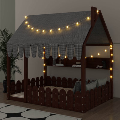 Lit de sol pour enfants avec barrière de sécurité, auvent, éclairage et unités de rangement triple Montessori