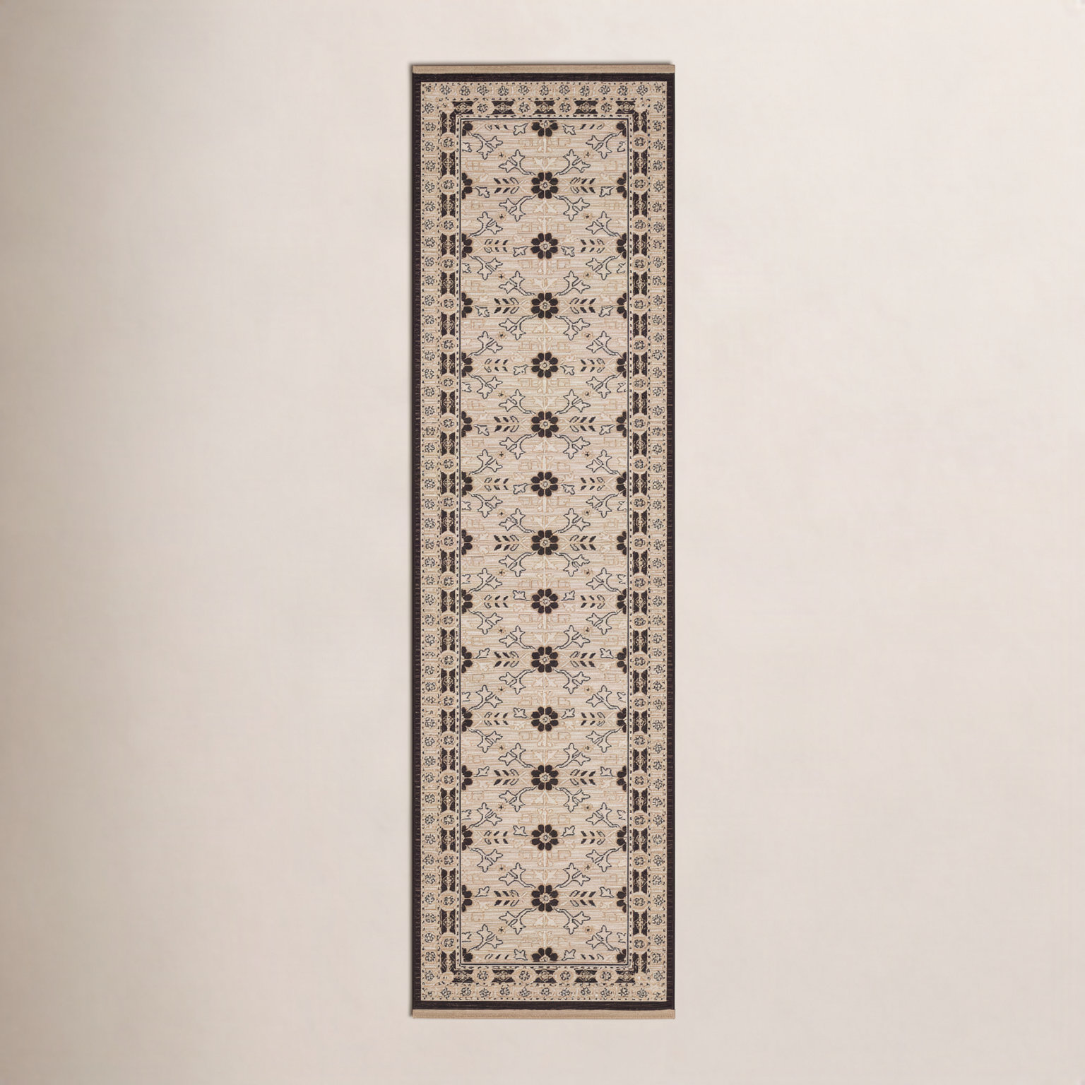 Abena Beige Black Floral Oriental Wool Rug, Runner 2'6" x 10'