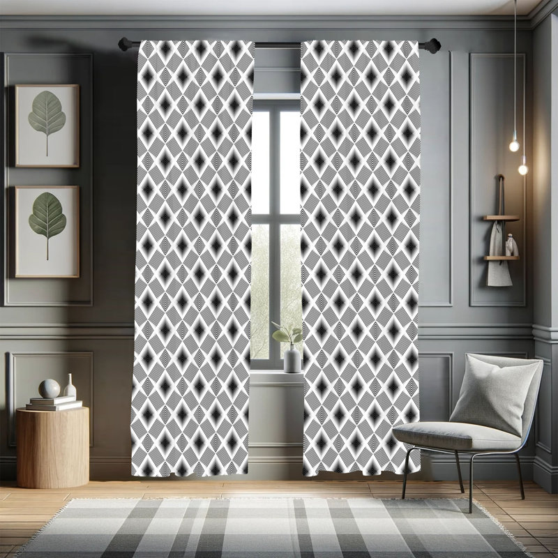 Rideaux géométriques Wrought Studio ™, lignes numériques avec carrés, paire de 28 po, gris anthracite blanc