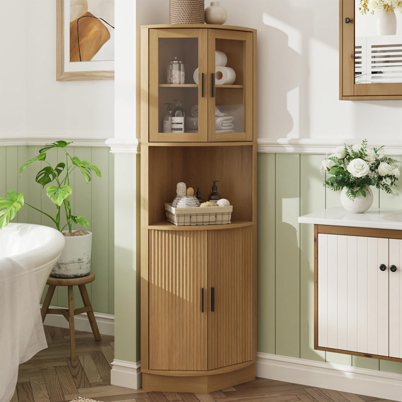 64.9" Tall Corner Cabinet With Glass Door, Black, Natural
