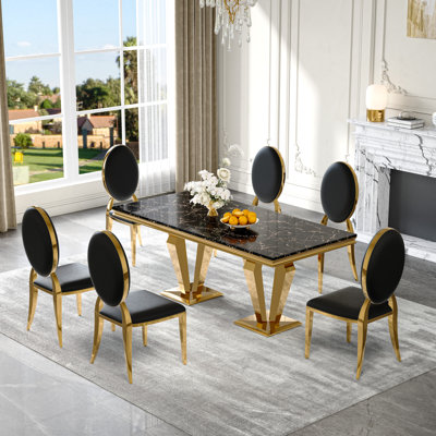 Ensemble de table de salle à manger 7 pièces, panneau de fibres à densité moyenne avec placage de marbre et 6 chaises en similicuir - Ensemble de salle à manger moderne pour 6