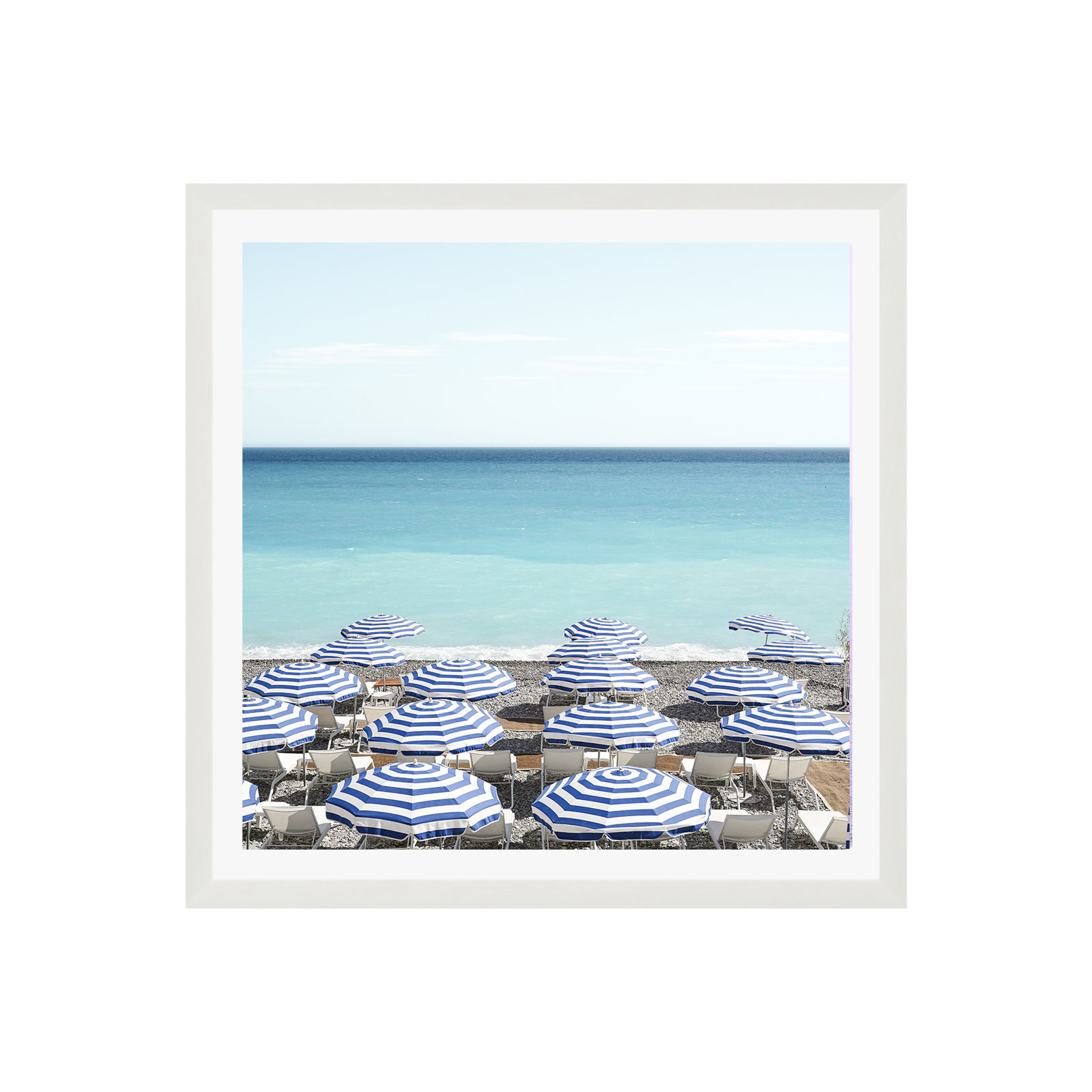 Blue Beach Umbrellas Photo by Henrike Schenk, Yes, 12" H x 12" W x 0.75" D, Natural Framed Paper