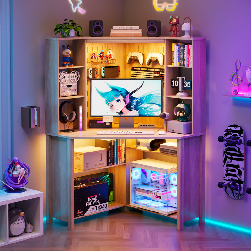 Pentagonal Corner Computer Desk with Charging Station, Adjustable Led Lighting and 9 Layers Open Storage Space, Brown