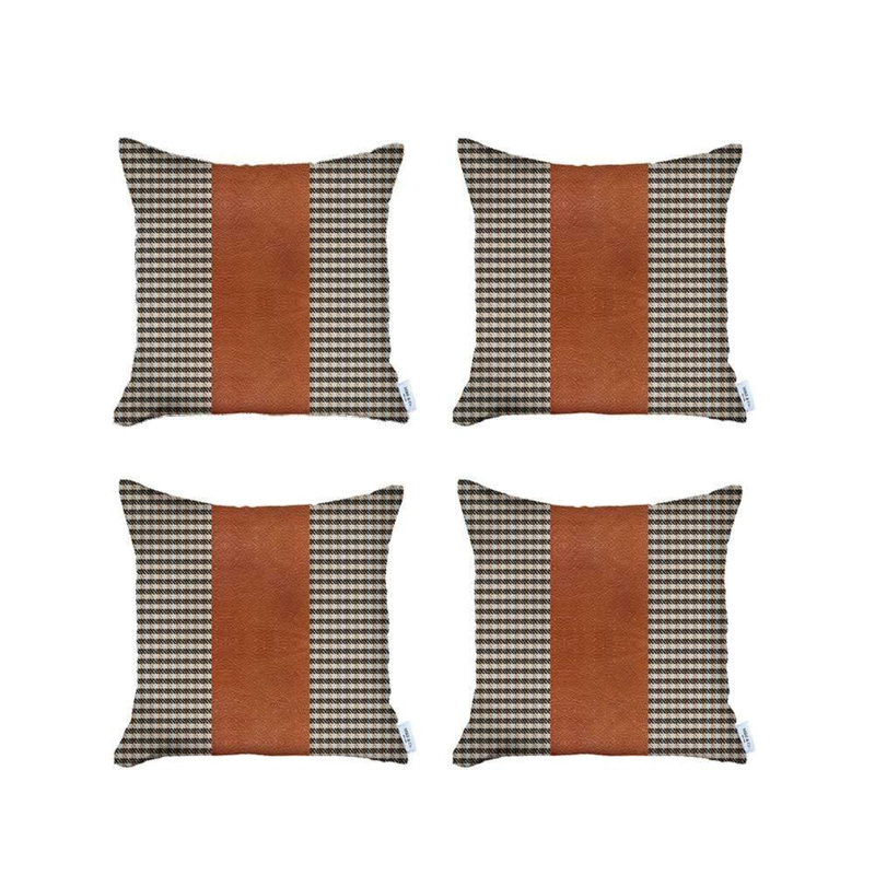 Ensemble de quatre coussins décoratifs en polyester faits à la main avec pied-de-poule 18 po x 18 po, Jaune/brun