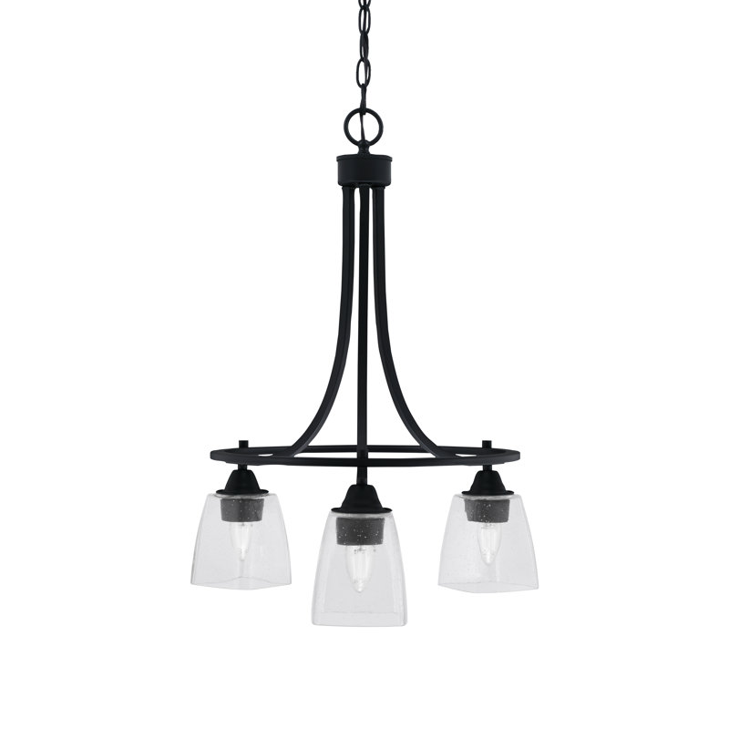 Paramount 3 Light Downlight Chandelier Shown In Matte Black Finish With 4.5” Square Clear Bubble Glass