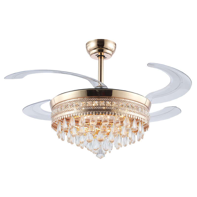 Ventilateur de plafond 48 "rétractable en cristal avec lumières DEL et télécommande, Gold