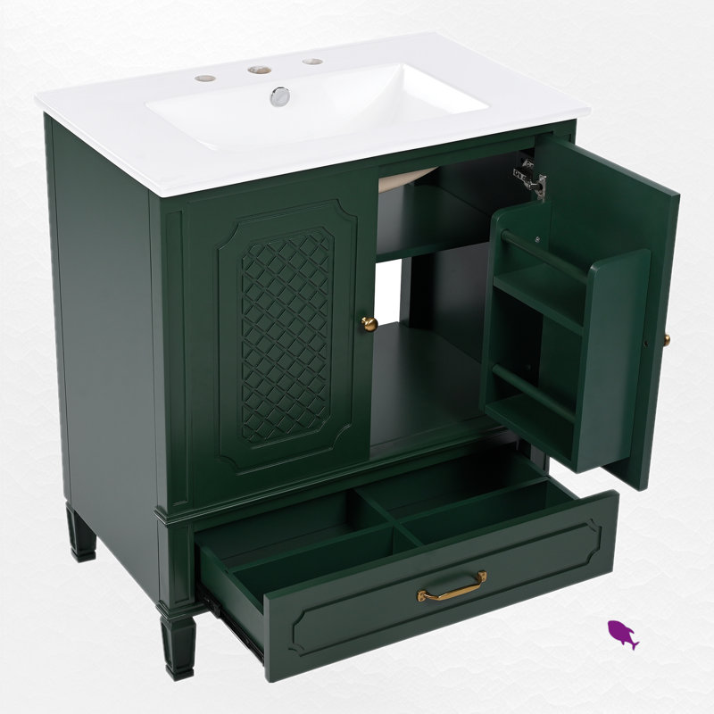30" Single Bathroom Vanity Set With Ceramic Top, Gold, Dark Green