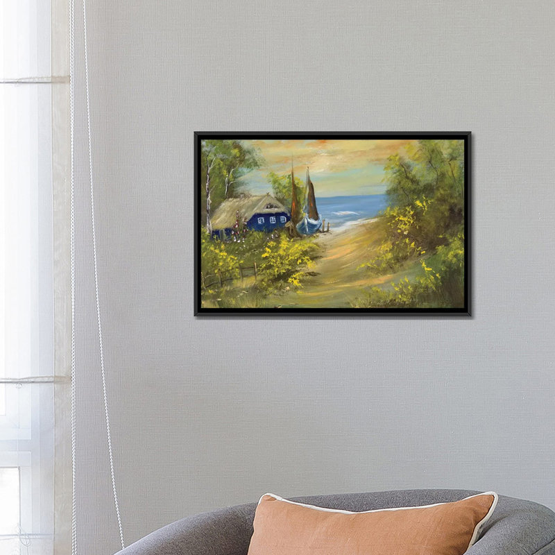 «Blue House I», reproduction sur toile, H 18 po x l 26 po x P 1,5 po, Toile encadrée noire, Pas de tapis