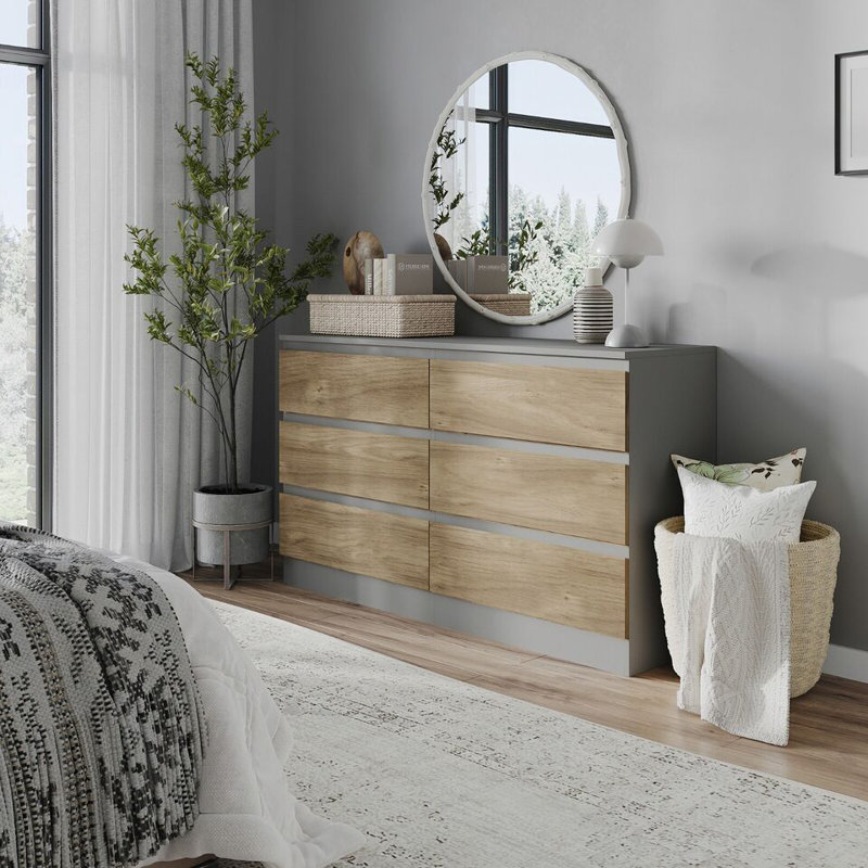 Sreyan Solid Wood 6 - Drawer Rectangle Accent Chest, Grey/Oak
