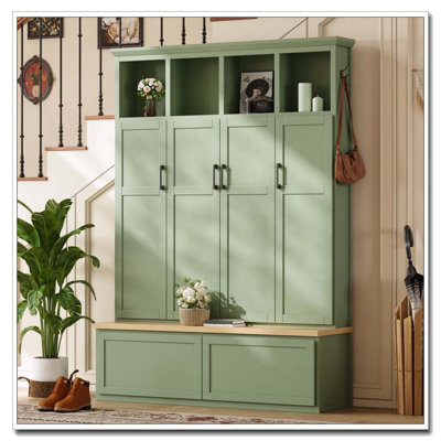 Modern Farmhouse Hall Tree with 4 Hidden Cabinets, Mudroom Coat Rack with Open Shelves, Mid-Century All-in-One Entryway Storage Natural Bench with Drawers & 6 Hooks