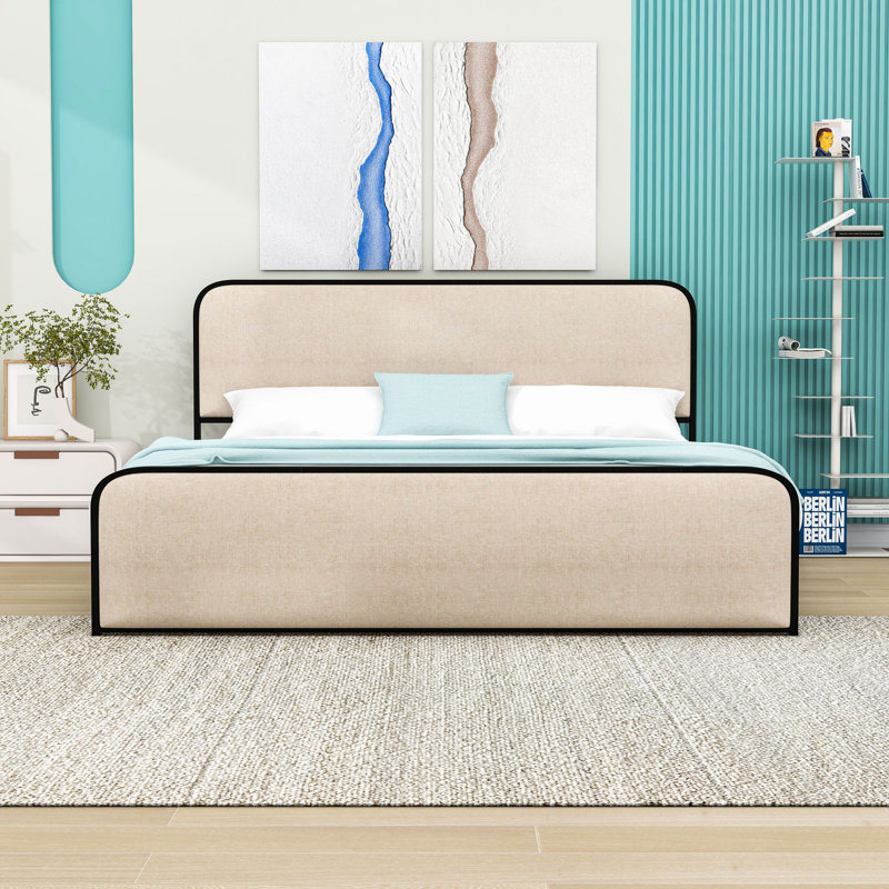 Lit plateforme en métal avec tête de lit tapissier, pieds centraux et rangement sous le lit, Très grand lit, Beige / noir