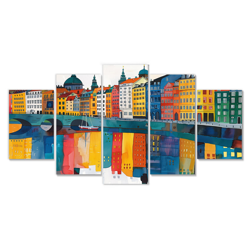 «Yellow and Green Copenhagen Canal Landscape I - Copenhagen», ensemble d'art sur toile
