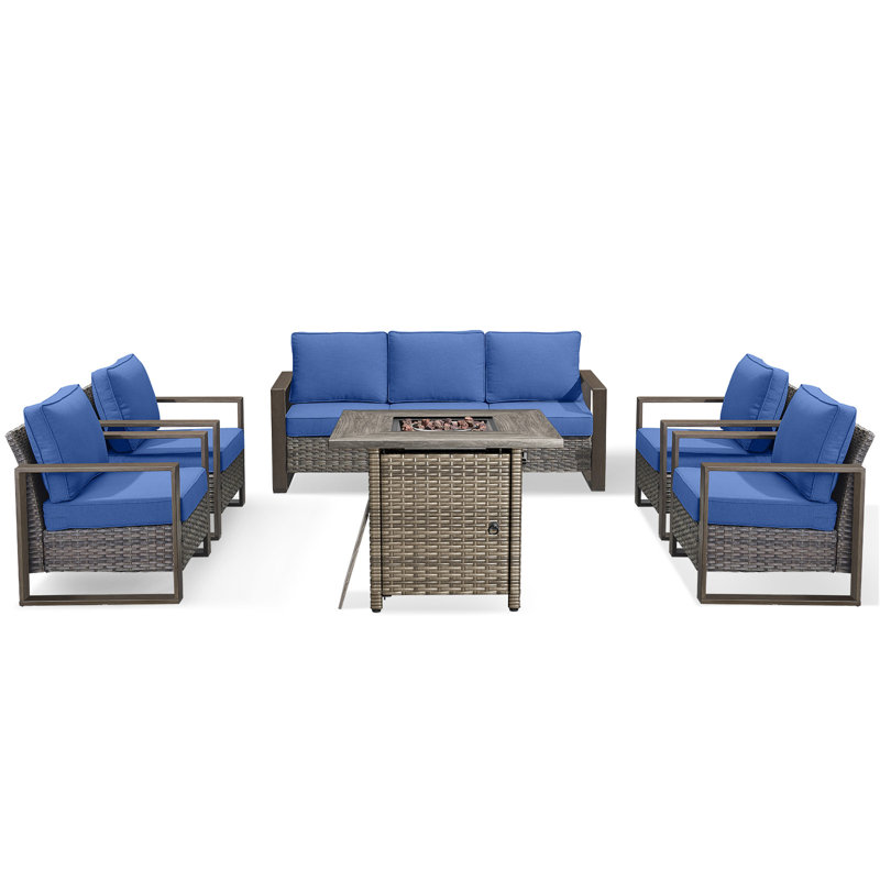 Palomares 6-Piece Outdoor Wicker Patio Square Fire Pit Conversation Set With 4 Armchairs For Patio, Garden & Yard, Gray, Blue
