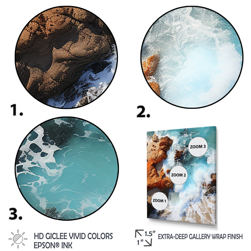 Blue Rocky Beach Aerial View II - Beach Wall Art, White Floater Frame, 20" H x 12" W x 1" D
