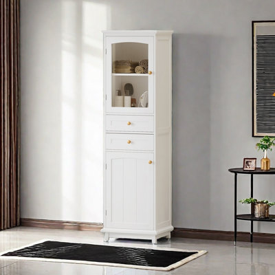 63" Tall Bathroom Storage Cabinet With Glass Doors, Free-Standing, Two Drawers, And Adjustable Shelves, MDF Board