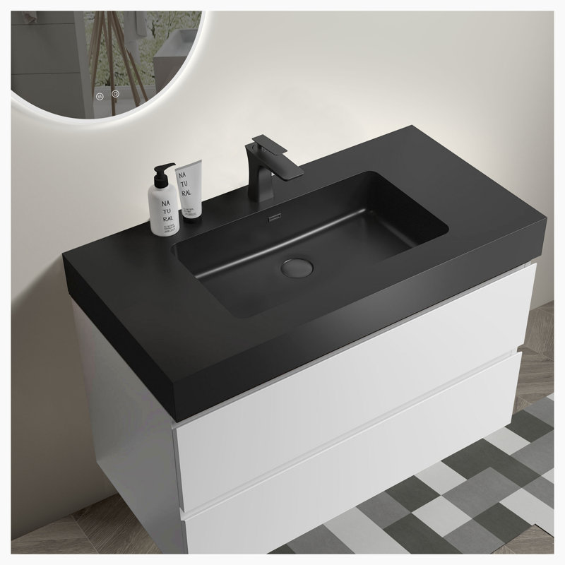 Meuble-lavabo simple 35,8 po avec plateau Atqiya, Blanc, Noir