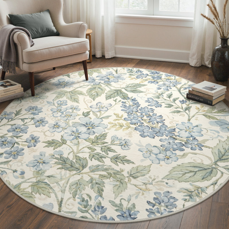 Tapis d'intérieur bleu / beige / vert lavable à la machine Aura avec envers antidérapant, Bleu / Vert, Rond 5 pi