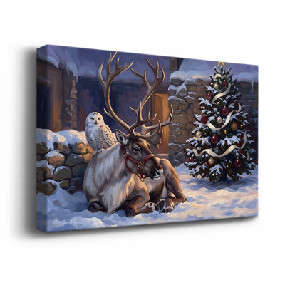«Winter Reindeer and Owl Resting in Snow» par Tree Christmas, art mural sur toile